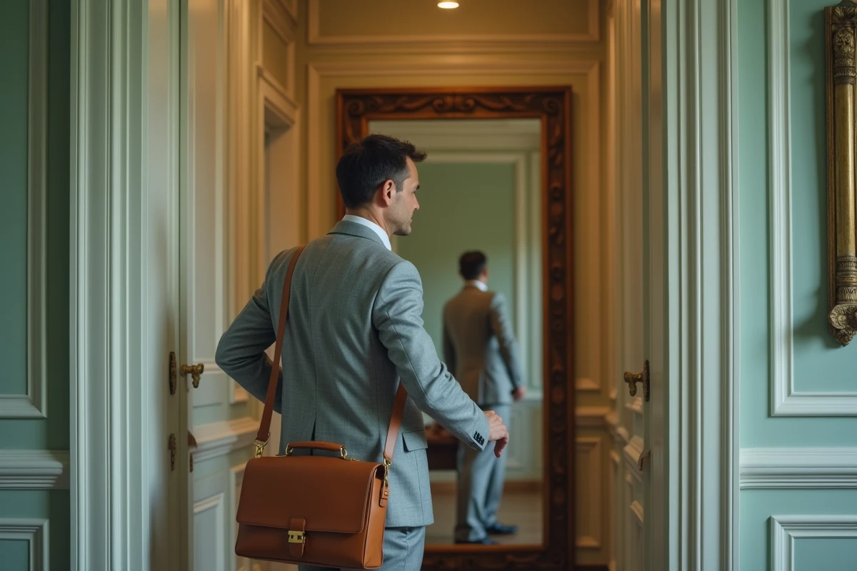 Homme en costume dans un hall haussmannien