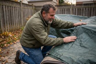 Homme en jeans et coupe-vent posant un tarp sur un jardin