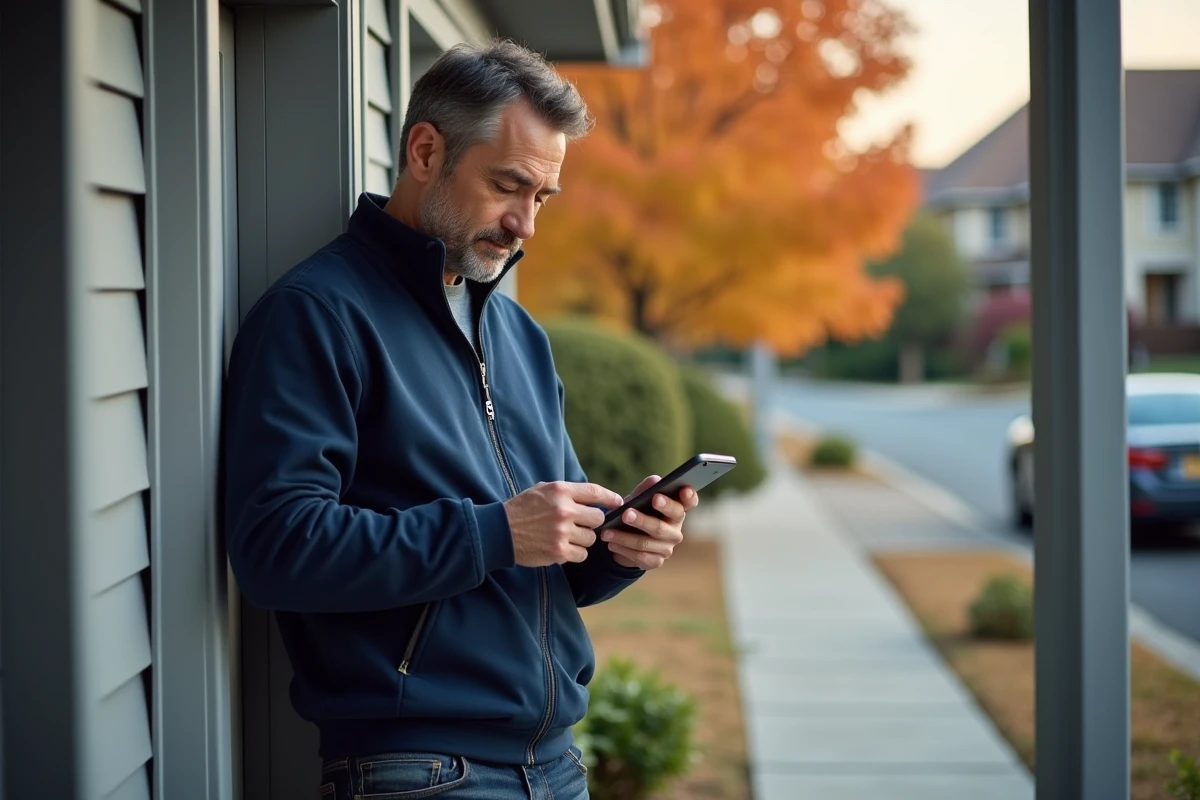 Homme consultant les réglages de l'application mobile immobilière sur le seuil d'une maison de banlieue en automne