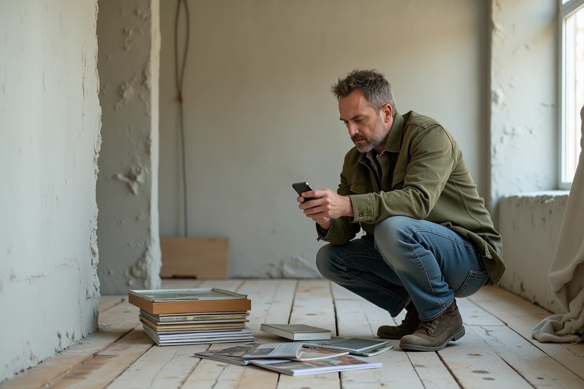 Homme consultant des conseils de rénovation sur smartphone entouré d'échantillons de carrelage dans un salon en travaux