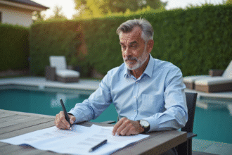 Homme d'âge moyen examinant documents près de la piscine
