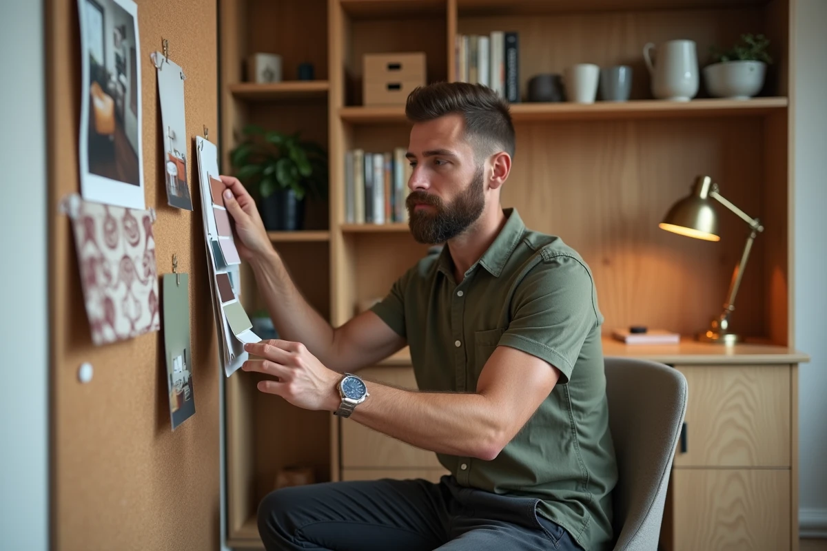 Homme dans la trentaine organisant un tableau d'inspiration avec des échantillons de peinture et de tissu dans un bureau à domicile moderne, exprimant une concentration sereine dans son projet d'aménagement
