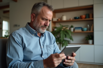 Homme d'âge moyen examinant un tableau de bord intelligent