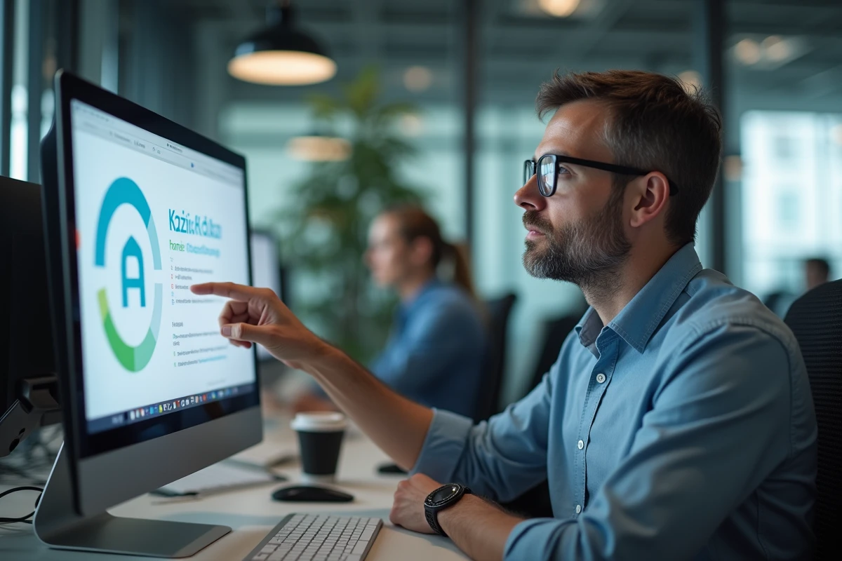 Homme en bureau suivant des instructions sur son écran