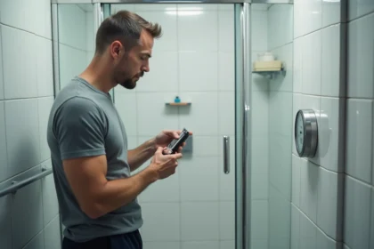 Homme regardant son compteur d'eau dans la salle de bain
