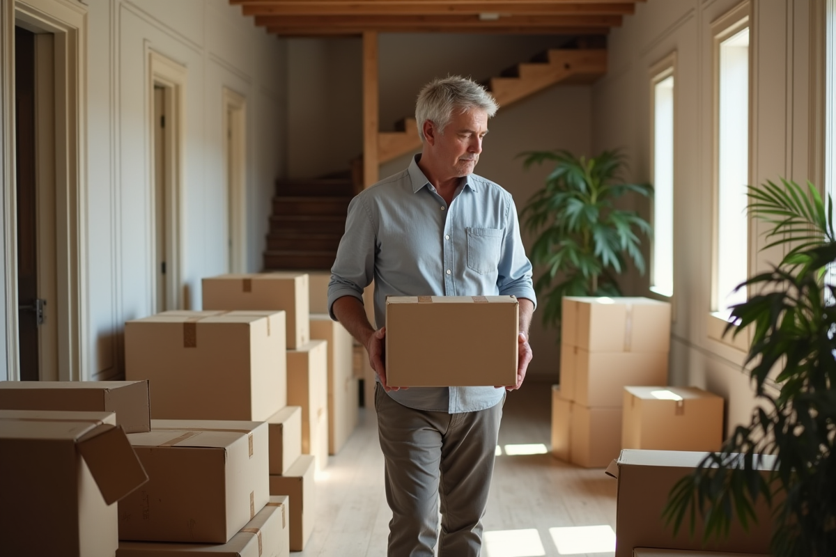 Homme comparant des cartons dans un couloir avec des boîtes