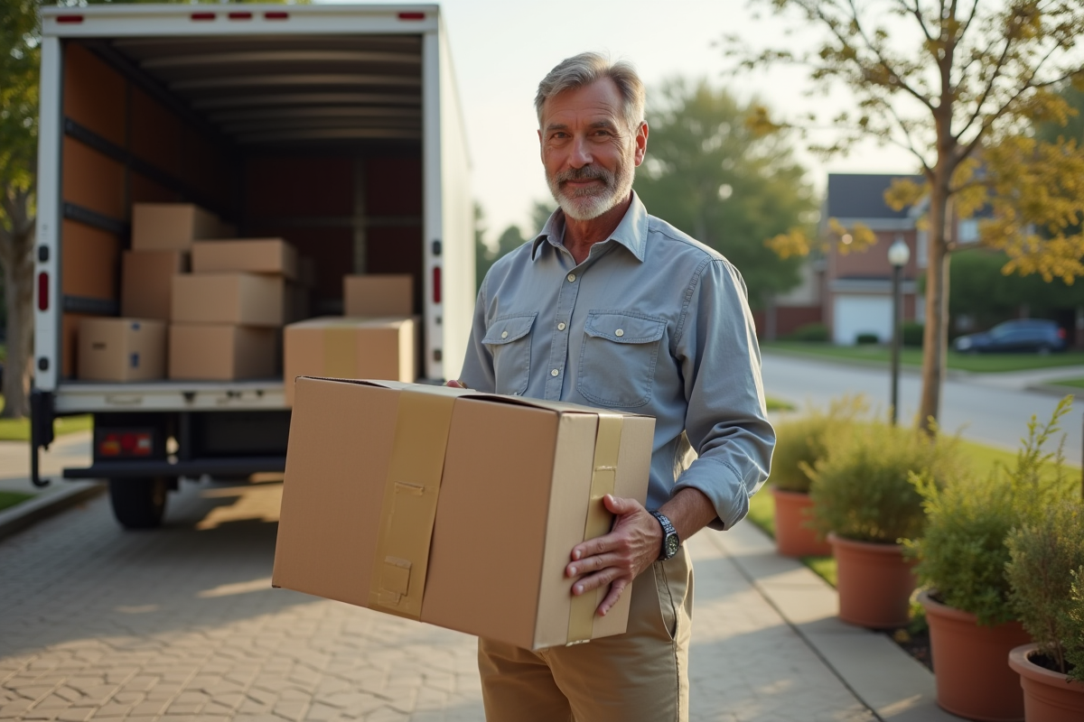 Homme regardant des cartons dans un camion de déménagement extérieur