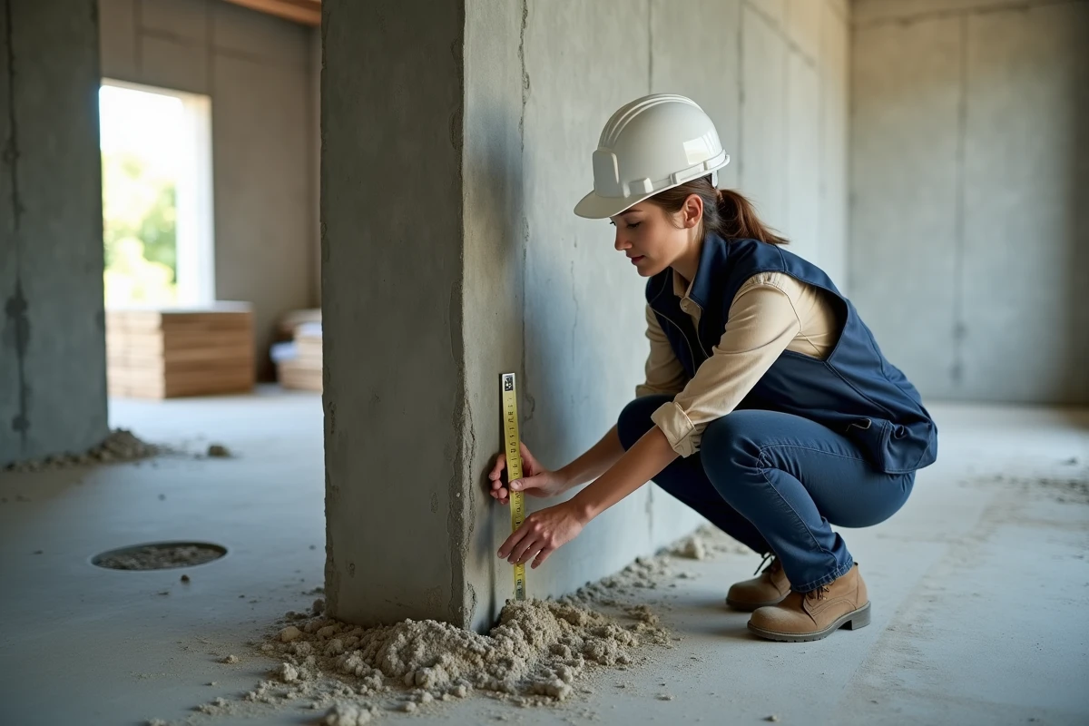 Ingénieure en structure inspectant la base d'un mur de refend en béton armé sur un chantier résidentiel