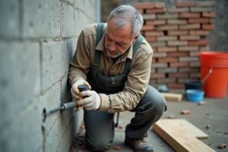 Hommes en travaux appliquant du ciment sur un mur extérieur