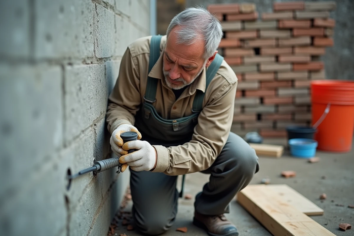 Hommes en travaux appliquant du ciment sur un mur extérieur