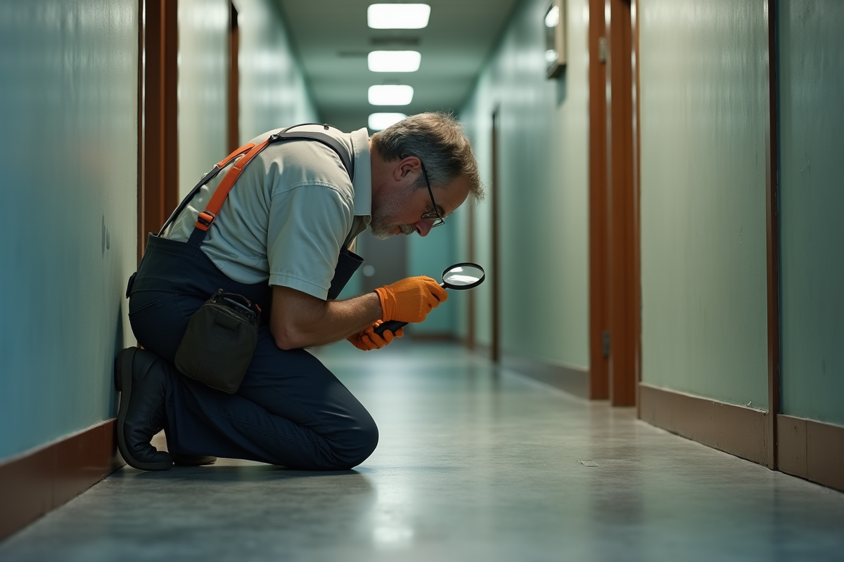 Agent de maintenance inspectant un plinthe pour les punaises de lit