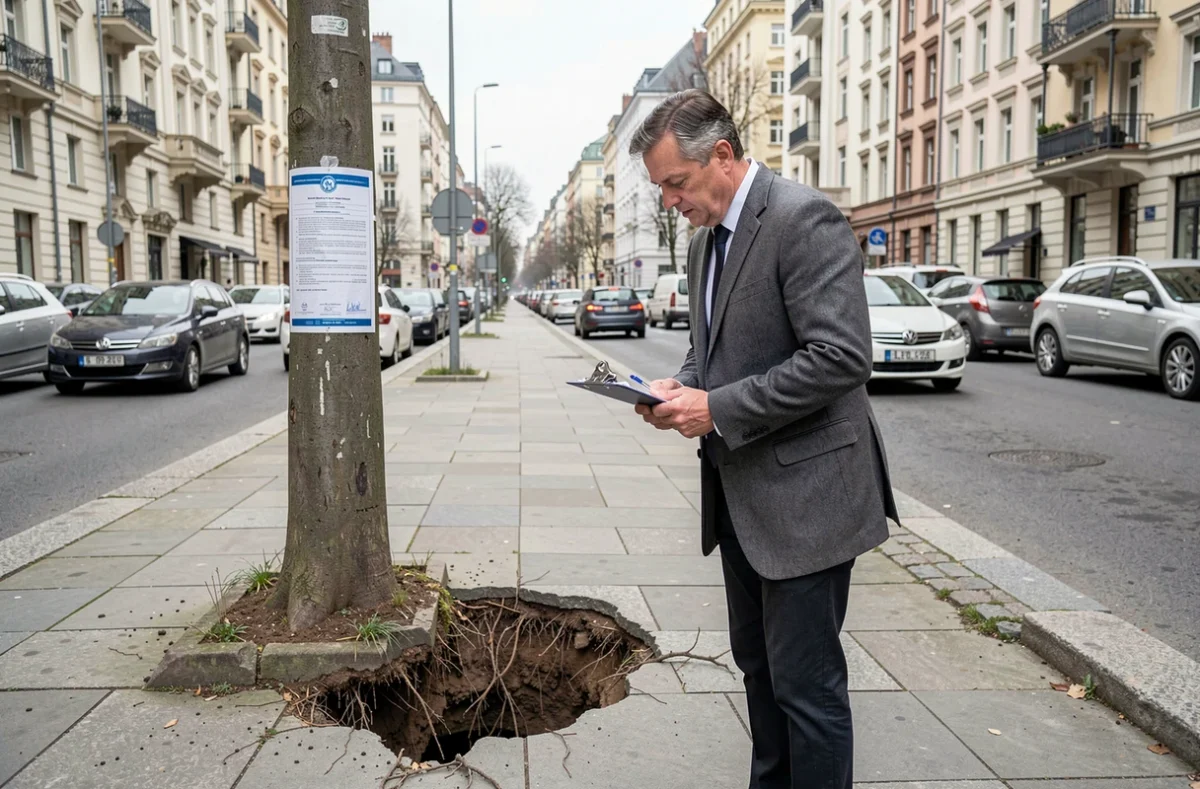 Inspecteur municipal examinant l'emplacement d'un arbre abattu illégalement sur un trottoir urbain avec un avis officiel