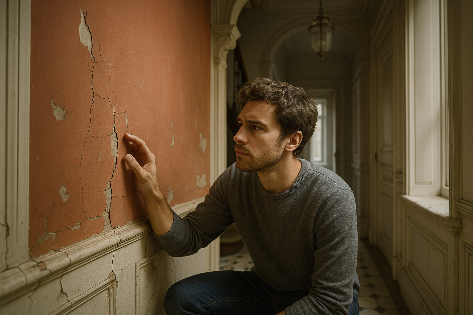 Jeune homme inspectant un mur dans une maison bruxelloise ancienne
