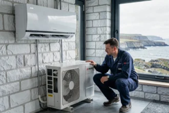 Technicien installateur de climatisation dans le Finistère, devant une façade en pierre bretonne avec vue sur la côte