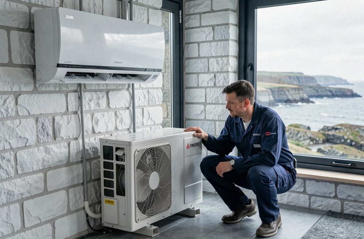 Technicien installateur de climatisation dans le Finistère, devant une façade en pierre bretonne avec vue sur la côte
