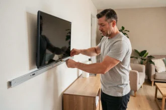 Homme installant un cache-câble mural pour prise TV sans saignée dans un salon moderne