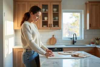 Femme installant un dosseret de cuisine personnalisé