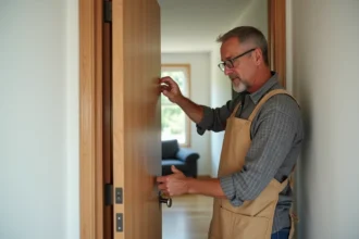 Menuisier installant un gond sur une porte battante en chêne dans un couloir résidentiel