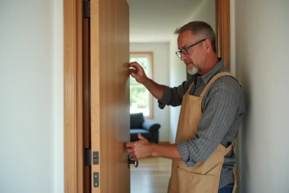 Menuisier installant un gond sur une porte battante en chêne dans un couloir résidentiel