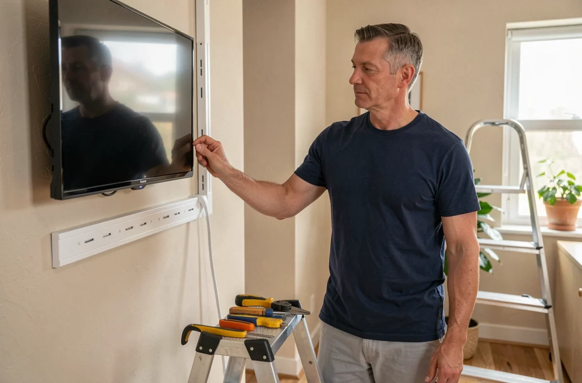Homme installant une goulotte avec prise intégrée sur le mur d'une chambre pour ranger les câbles d'une télévision murale