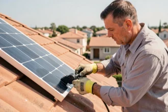 Installateur fixant une prise de courant sur un panneau solaire posé sur un toit en tuiles