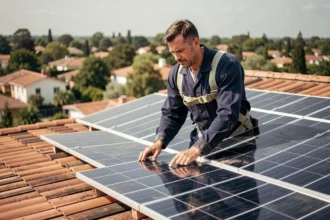 Technicien installant des panneaux solaires 3 kWc sur un toit de maison individuelle en France