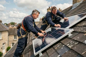 Installateurs de panneaux solaires posant des modules sur un toit en ardoise à Caen