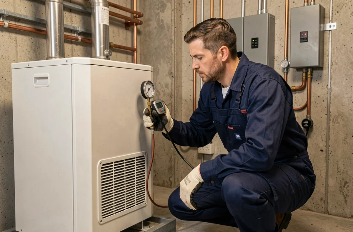 Technicien HVAC en train d'installer et vérifier une pompe à chaleur Daikin 16 kW dans une chaufferie