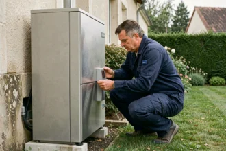 Technicien installant une pompe à chaleur air-eau sur le mur extérieur d'une maison de 120m2