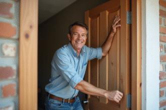 Homme souriant installant une porte moderne dans une entrée