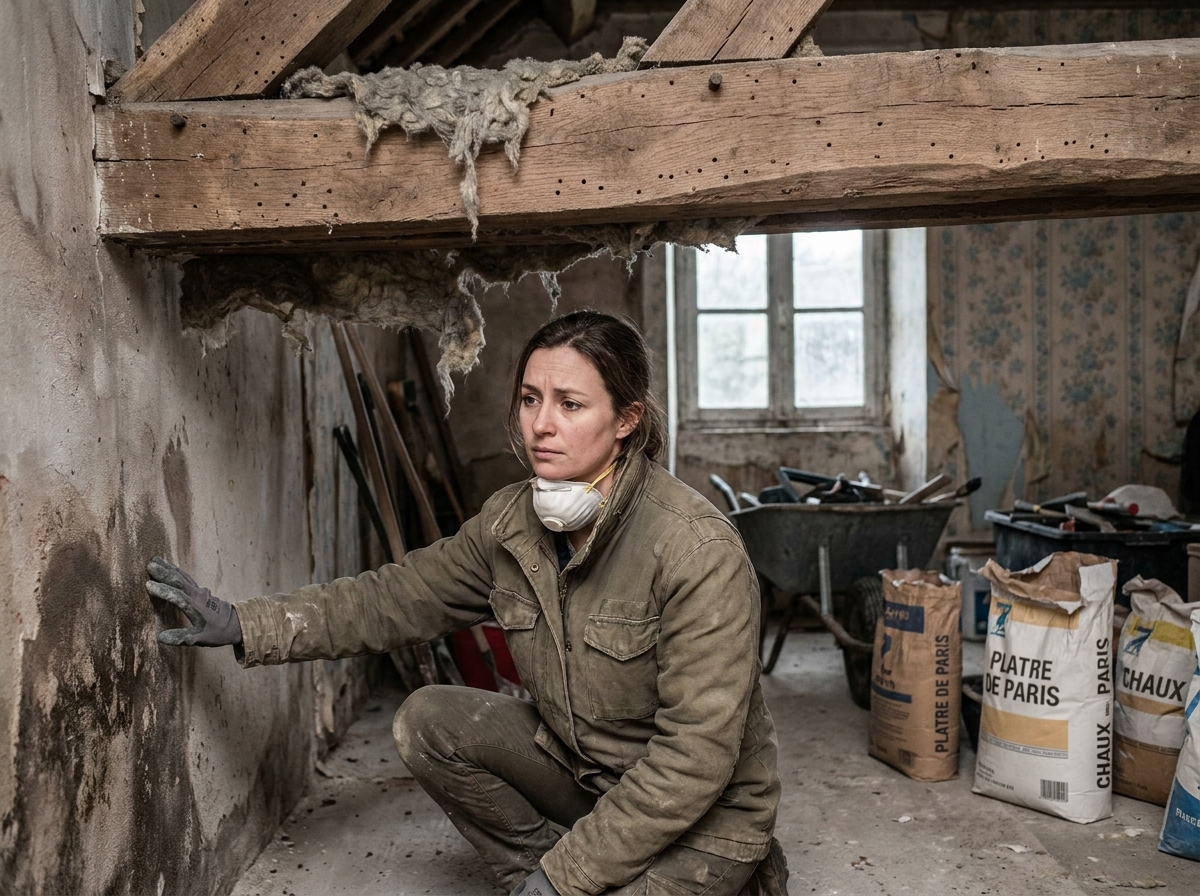 Intérieur d'une maison ancienne en rénovation dans le Nord avec poutres abîmées et traces d'humidité sur les murs
