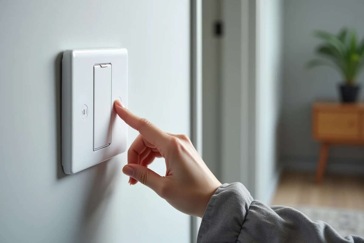 Femme actionnant un interrupteur va-et-vient Yokis sans fil monté sur une plaque murale blanche dans un couloir moderne