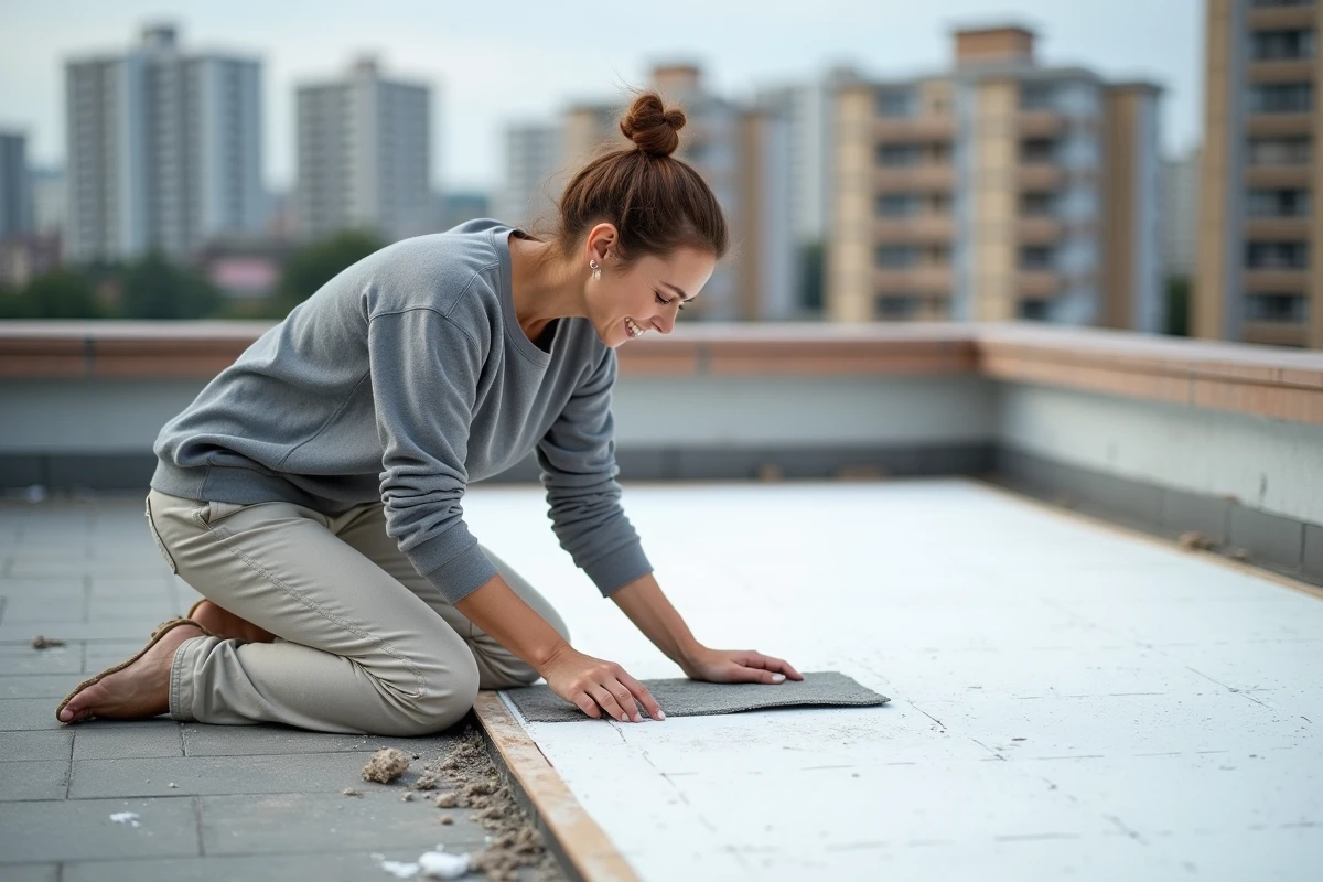 Femme appliquant de la colle sur une plaque isolante en polystyrène extrudé lors de l'isolation d'une terrasse résidentielle