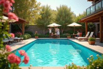 Jardin avec piscine et famille heureuse en plein soleil