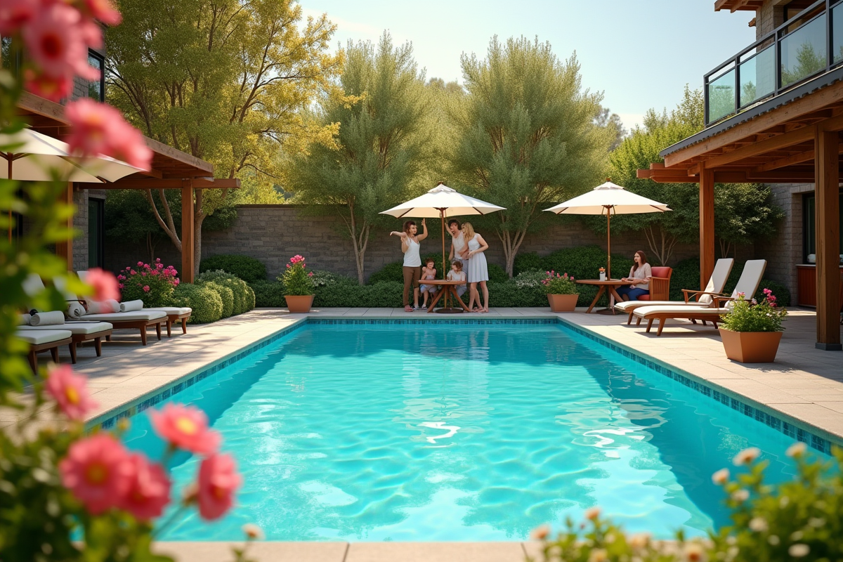 Jardin avec piscine et famille heureuse en plein soleil