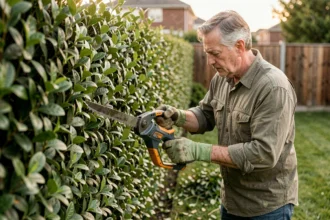 Jardinier professionnel taillant une haie de troène avec une taille-haie électrique dans un jardin résidentiel