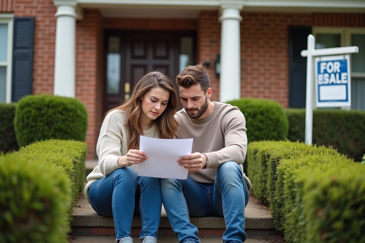 Jeune couple déçu examinant un contrat devant une maison