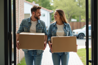 Jeune couple souriant portant des cartons devant une maison moderne