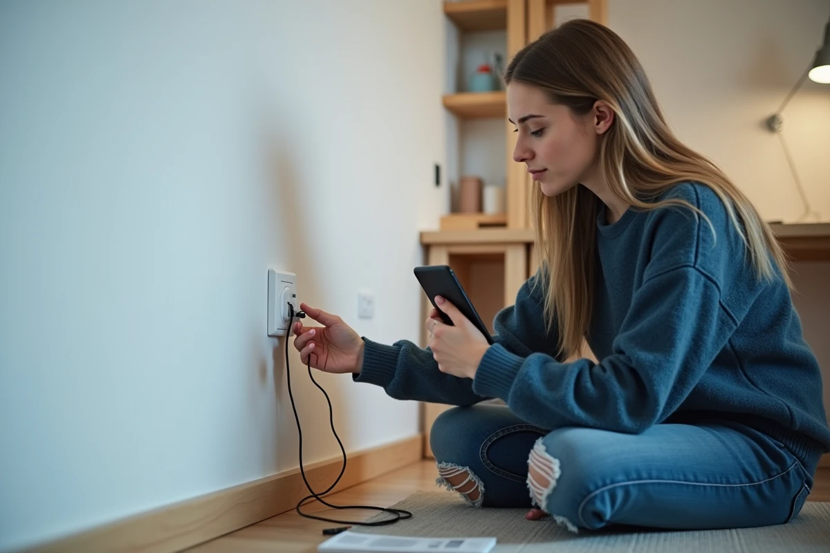Jeune femme connectant un chargeur de smartphone dans son appartement