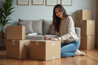 Jeune femme étiquetant des cartons dans un salon moderne