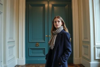 Jeune femme élégante devant une entrée haussmannienne