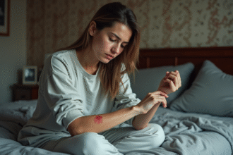 Jeune femme anxieuse examine une petite marque rouge sur son bras