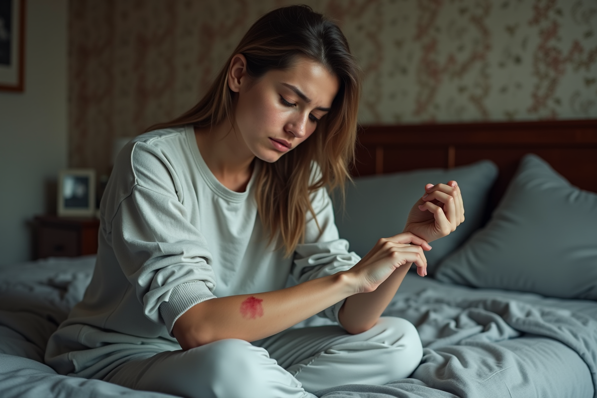 Jeune femme anxieuse examine une petite marque rouge sur son bras