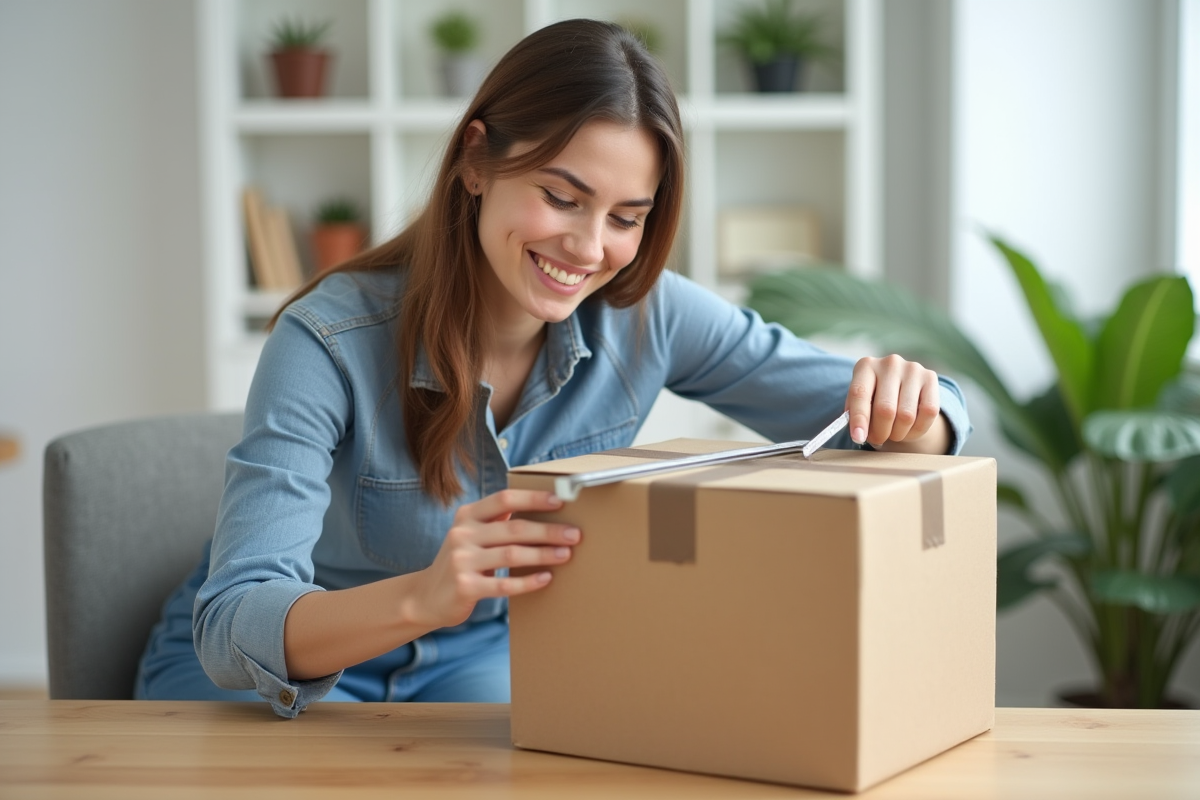 Jeune femme mesurant un carton dans un bureau lumineux