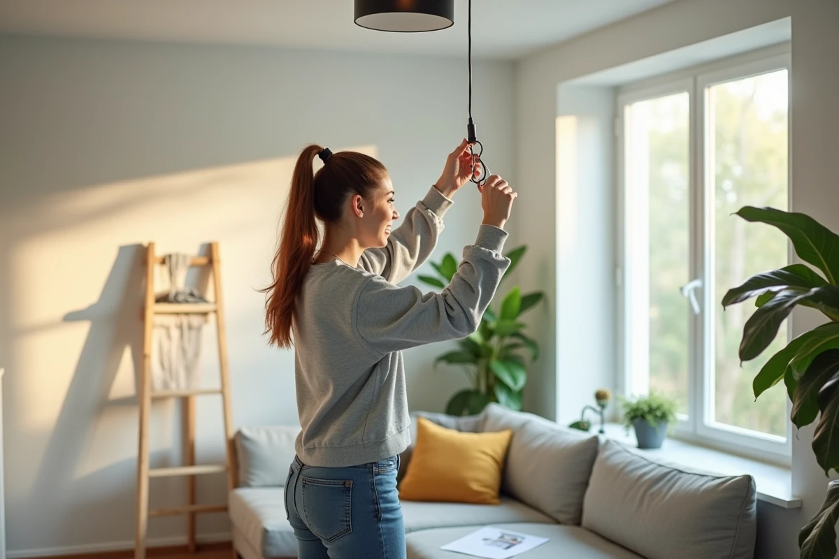 Jeune femme installant un domino dans un salon lumineux