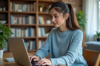 Jeune femme travaillant sur un ordinateur à la maison