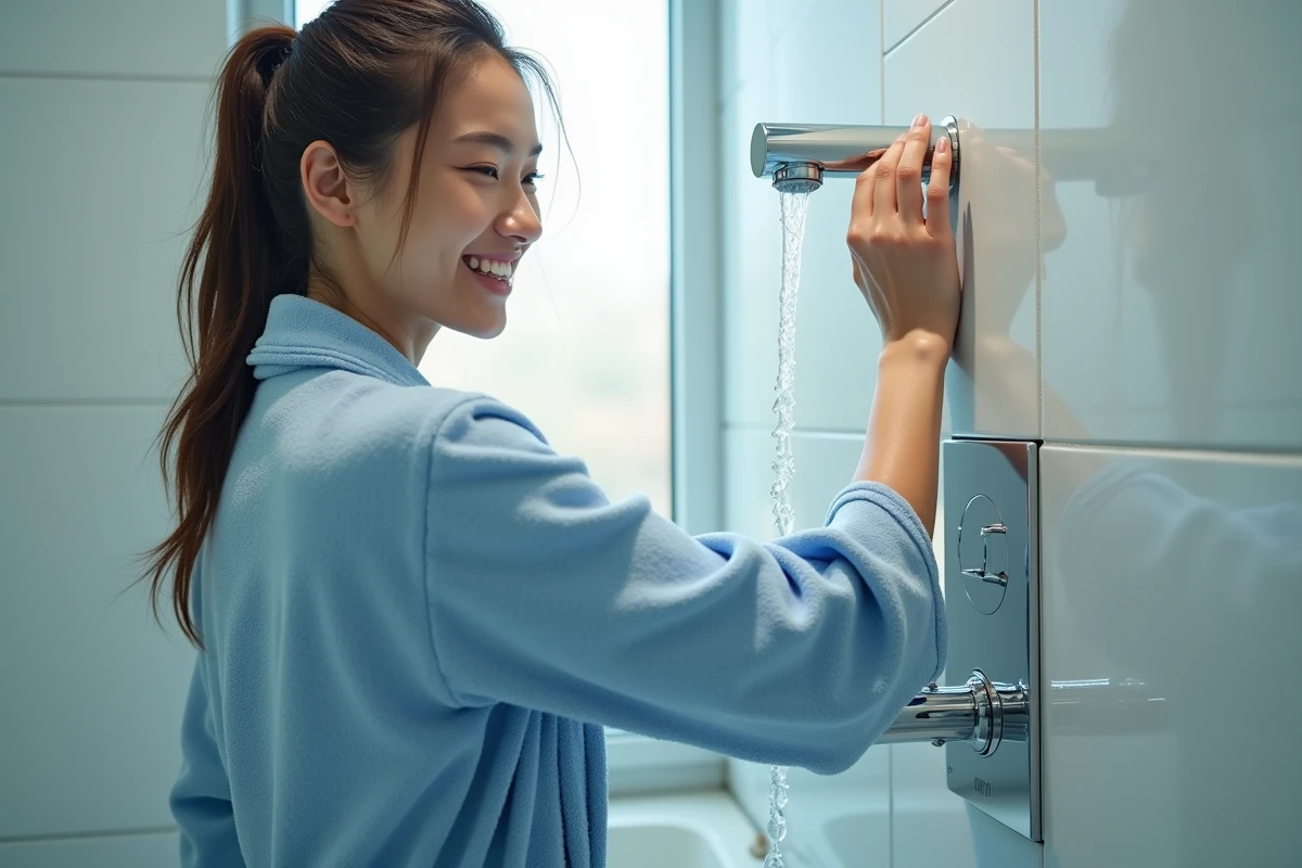 Jeune femme fermant le robinet de la douche avec un sourire