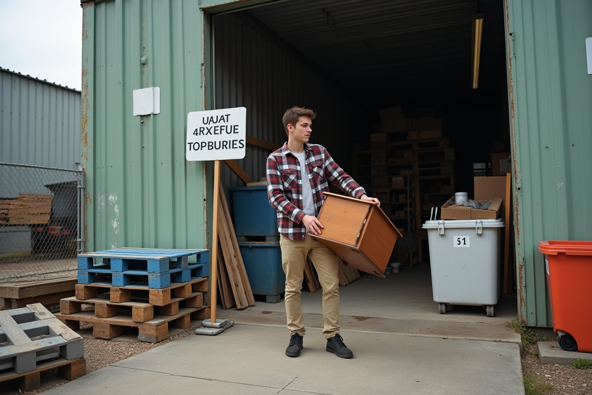Jeune homme déchargeant une table au centre de recyclage