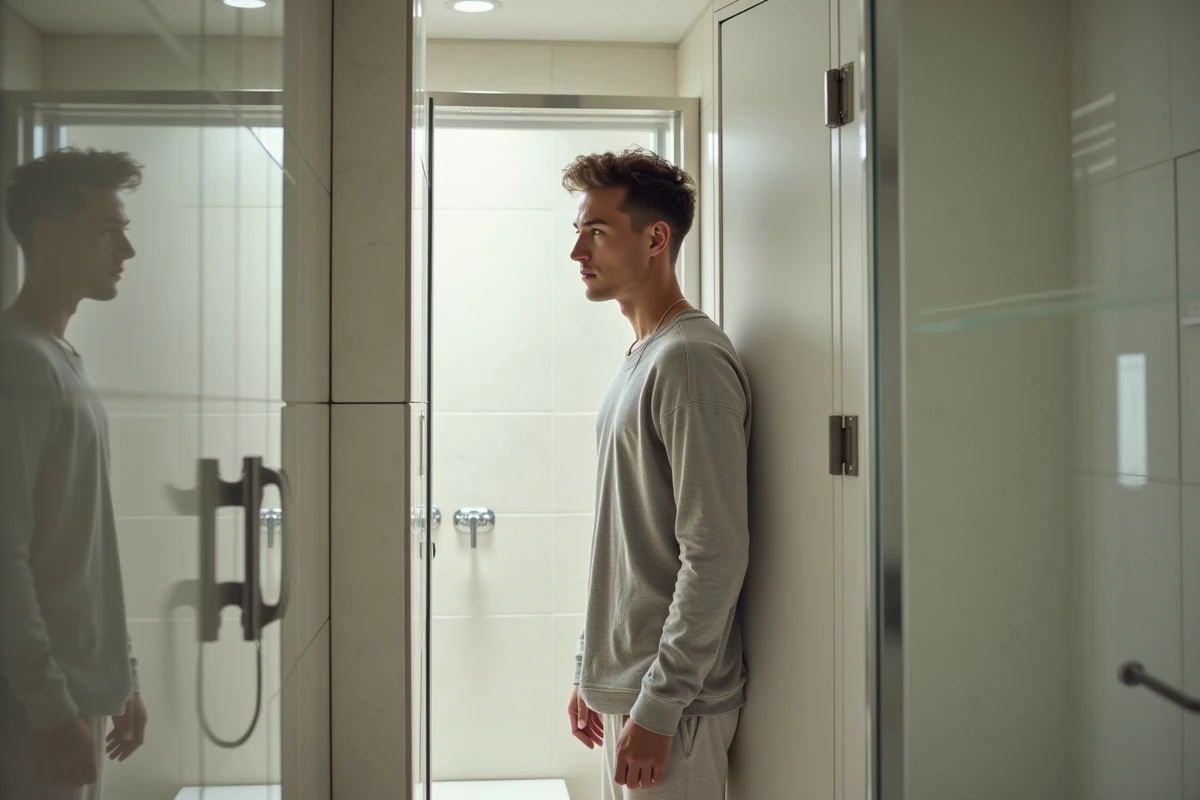 Jeune homme pensif devant une douche à porte en verre