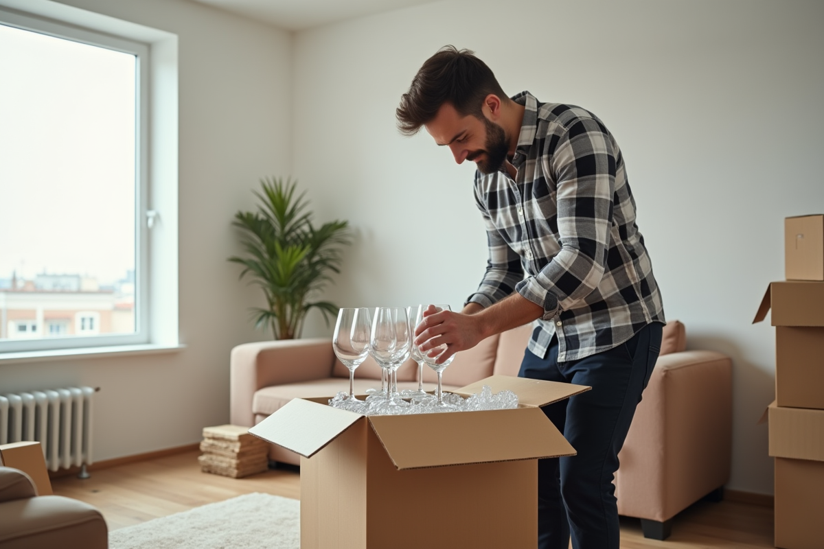 Jeune homme plaçant des verres en verre dans une boîte